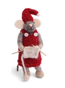 Small Grey Girl Mouse w/ Knitting 14cm