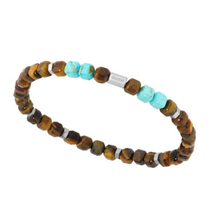 Bracelets 1: BOREAL: Bracelet with 5,5mm Tiger's Eye Quartz and Turqouise Beads, Satined steel. Elastic Bracelet
