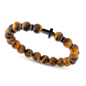 MYSTERES: ELASTIC BRACELET WITH 8MM TIGER'S EYE QUARTZ BEADS, AND IP BLACK &hellip;