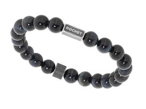 Bracelets 1: ZEN: 8MM BLUE TIGERS EYE & KNURLED VINTAGE STEEL BEADS. ELASTIC BRACELET