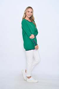 Jumpers Cardis: Cali & Co | Contrast Button SL Knit Jumper Green/Blue