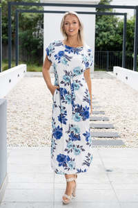 Sale: Willow Tree | Rayon Floral Print Dress - White/Blue