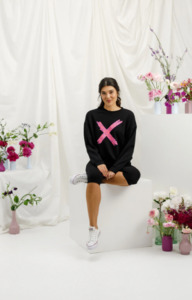 Sweater Hoodie: Homelee | Kayla Crew - Black with Sunset Floral X