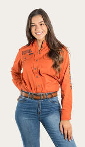 Shirts: Ringers Western - SIGNATURE JILLAROO WOMENS FULL BUTTON WORK SHIRT - BURNT ORANGE WITH DARK NAVY EMBROIDERY