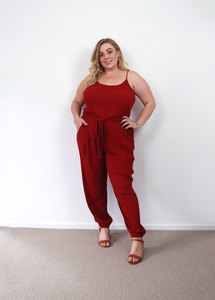 City Chic - Burgundy Jumpsuit with Pockets, Size 16-18 - Styled in Seconds