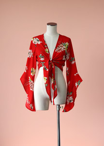 Mirrou - Red Floral Angel Sleeve Tie Top, Size 10 - Styled in Seconds