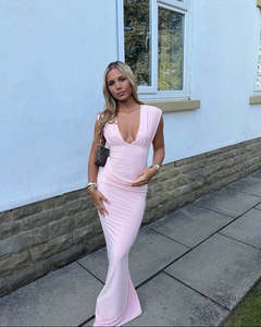 39 Rentals: Double Layer Plunged Maxi Dress | Pink