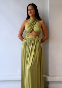 Green: Olive Sueded Silk Wrap Two Piece