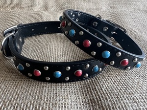 Dog Collar with Turquoise and Red Gem Studs - Styley Pets