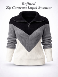 Trendy Womens Tops: Refined Zip Contrast Lapel Sweater