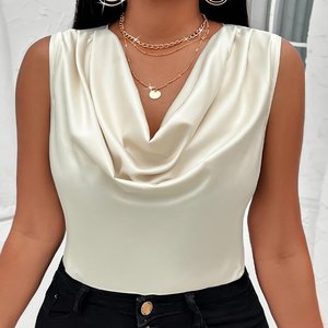 Trendy Womens Tops: Luxury Satin Pile Collar Sleeveless Vest