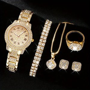Bold Elegant Jewelry Collection: Luxury Women's Diamond Watch Set with Roman Numerals