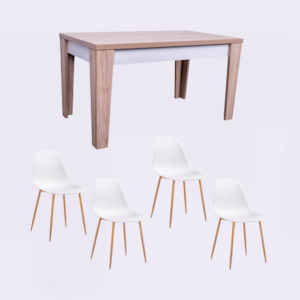 Dining Sets: Angled Natural Oak Dining Table 1.4m + Alpine White with White Wooden Chair Legs*4 Set