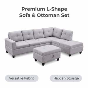 Top Selling: The Mercer Modular Corner Sofa with Storage Ottoman - Light Grey - Right