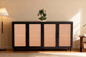 Top Selling: Oslo 4-Door Sideboard Cabinet Black with Oak Doors