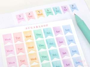 Days Dates Months: Watercolor Flag Days of The Week Planner and Journal Stickers: Hand lettered