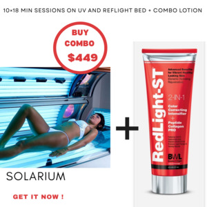 Uv Tanning Lotions: Combo bed 10 x 18 min sessions +  Red Light-ST® 2 in 1 Color Correcting Intensifier + Peptide Collagen Pro lotion