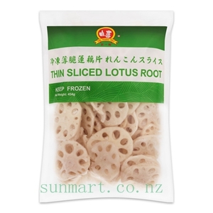Products: NO 1 FROZEN LOTUS ROOT SLICES THIN 454G 冷冻藕片薄脆 Sunmart