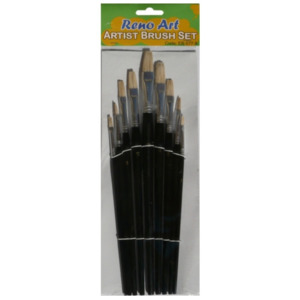 Paint Brushes: Flat Bristle Brush Set 9pcs - Black Handles