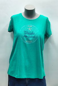 Products: Women's Seaside Tee-Emerald - Sunset Surf & Turf