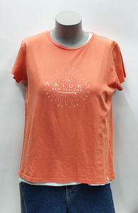 Products: Waiuku Womens Sunrays Tee-Sunset Coral - Sunset Surf & Turf