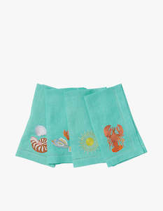 Kip And Co: Capri Embroidered Linen 4 Pack Napkin Set - Blue