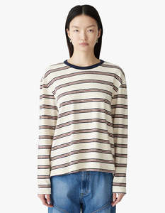 Bassike: Stripe Boyfriend Htg L/S T-Shirt - Navy/Red/Natural