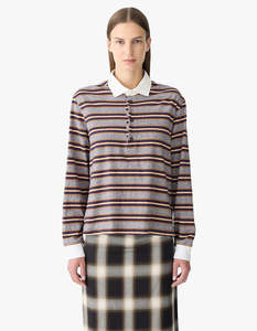 Bassike: Vintage Stripe L/S Polo - Purple/Gold Stripe