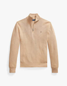 Mens: Mesh Knit Cotton Quarter Zip Sweater - Camel Melange
