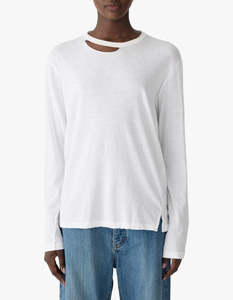Bassike: Raw Neck Cut Out L/S T-Shirt - White