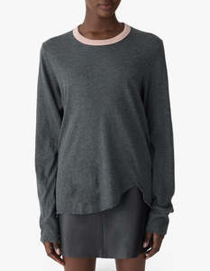 Bassike: Contrast Scoop Hem L/S T-S - Charcoal Marl/Pink