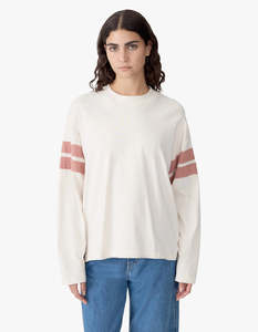 Bassike: Boxy Rib Insert Long Sleeve T-Shirt - Ecru/Red