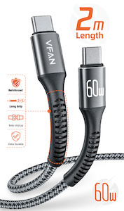 Mobile Accessories Superhub Co Nz 1: Super Fast Charging Cable with Reinforced Long Grip (X22) - 60W Type C to Type C (2 Meter)