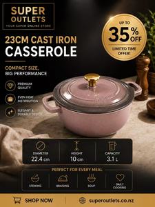 Cast Iron Cookware: 23cm Enameled Cast Iron Casserole Pot – 3.1L Dusty Pink