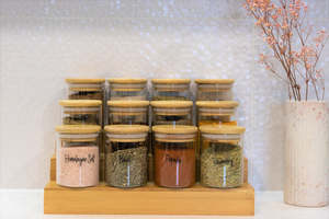 Round Glass Bamboo: Round Glass & Bamboo Jar Spice & Herb Jar Set - 12 pack