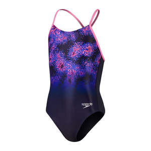 All Girls Swimwear: SPEEDO GIRLS LANE LINE BACK ALLOVER NAVY ELECTRIC PINK ONE PIECE SWIMSUIT