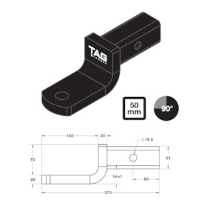 Tow Ball Mounts: TAG Tow Ball Mount - 178mm Long, 90° Face, 50mm Square Hitch