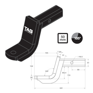 Tow Ball Mounts: TAG Tow Ball Mount - 219mm Long, 105° Face, 50mm Square Hitch