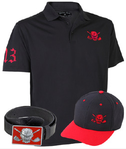 Products: Lucky 13 Polo, Hat, Belt, & Buckle (Black/Red) Tattoo Golf