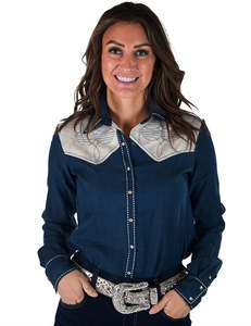 30 50 Sale: Cowgirl Tuff Pullover Button Up - Denim With Cream Accents