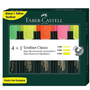 Highlighter Faber T/line Asst Pk 4+1