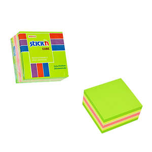 Stationery: Stick'n Note Cube 51x51mm 250 Sheets Neon & Pastel Mix Lime Front