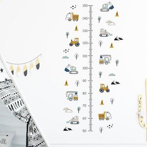 Kids Room Decor: Kids Growth Chart Height Ruler Sticker - Under Construction Vehicles Wall Decals