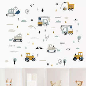 Kids Room Decor: Construction Vehicles Busy Road Works Wall Decals 90x50cm