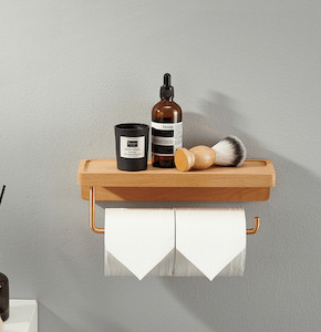 Wooden Toilet Roll Holder with Storage Shelf - Single Roll (13cm)