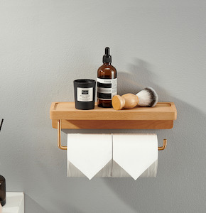 Wooden Toilet Roll Holder with Storage Shelf - Double Rolls (23cm)