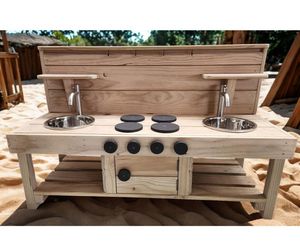 Kids Furniture: NZ Made Quality Kids Wooden Mud Kitchen with Two Water Taps & One Oven Door - 150cm