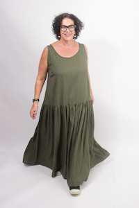 TCD Petticoat Dress- Khaki Viscose Linen (LUCKY LAST S = 16)