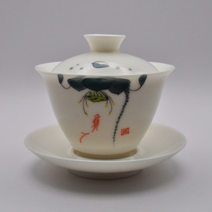 Porcelain Gaiwan, 150ml. Hand-Painted Lotus and Goldfish