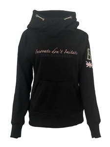 Clothing: Amelia Black with Gold Diamante Cross Necked Hoodie